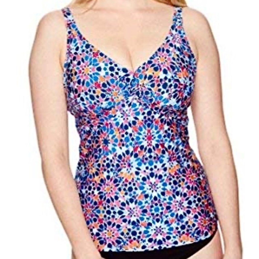 Jantzen tankini swimsuit top blue Moroccan tile v neck underwire 38 D/DD NWT